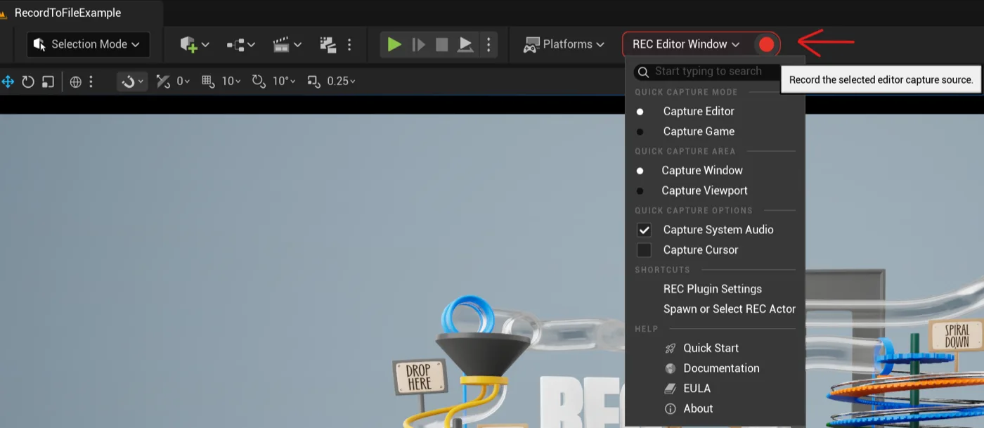 The REC Quick Capture dropdown open in the Unreal editor toolbar, with the red record button highlighted